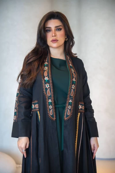 Black Linen Abaya with Embroidery C:IB308