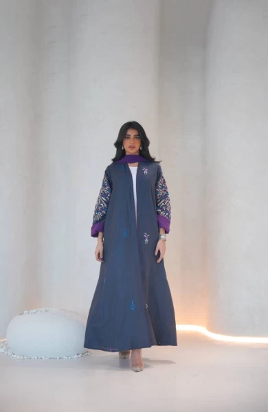 Linen abaya in navy blue with embroidery C:IB291