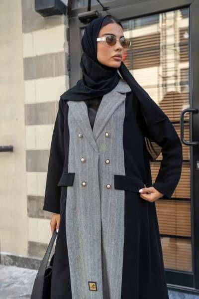 Black Crepe Abaya with Linen Grey Stripe IB225