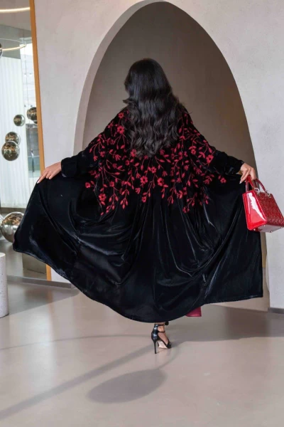 Black velvet abaya with flower embroidery IB258 Red